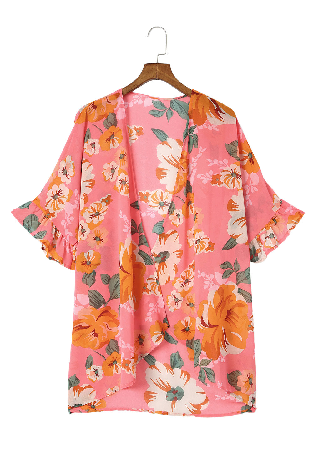 Floral Print Ruffled 3/4 Sleeve Loose Fit Kimono Fashionpara