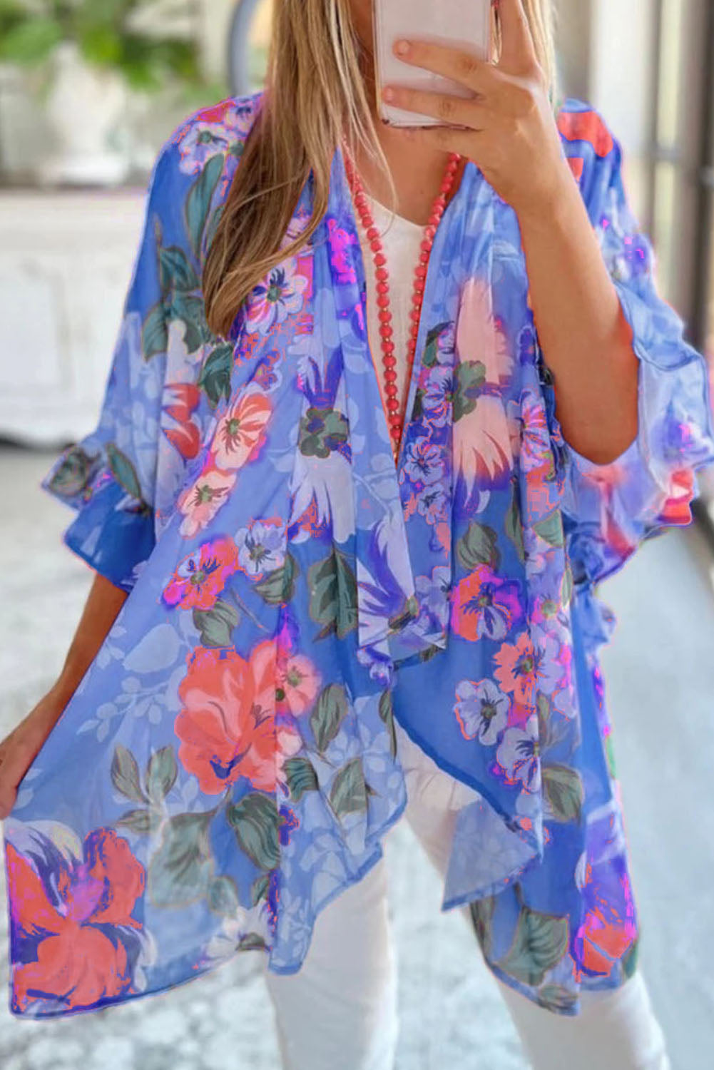 Floral Print Ruffled 3/4 Sleeve Loose Fit Kimono Fashionpara