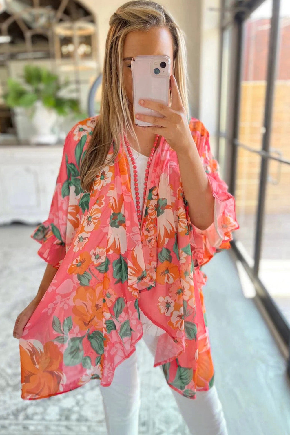 Floral Print Ruffled 3/4 Sleeve Loose Fit Kimono Fashionpara