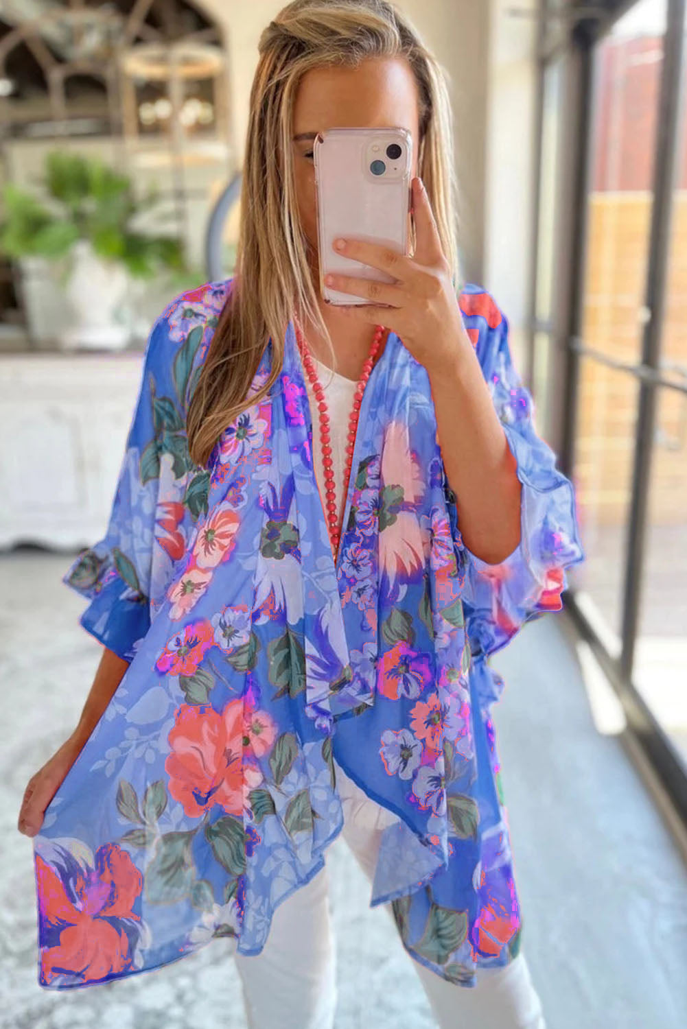 Floral Print Ruffled 3/4 Sleeve Loose Fit Kimono Fashionpara