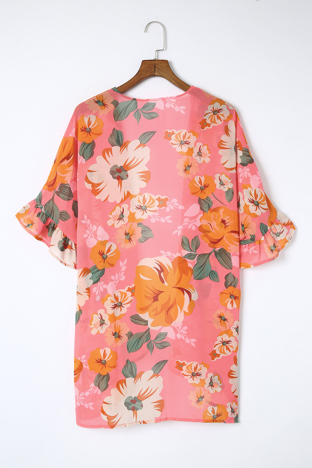 Floral Print Ruffled 3/4 Sleeve Loose Fit Kimono Fashionpara