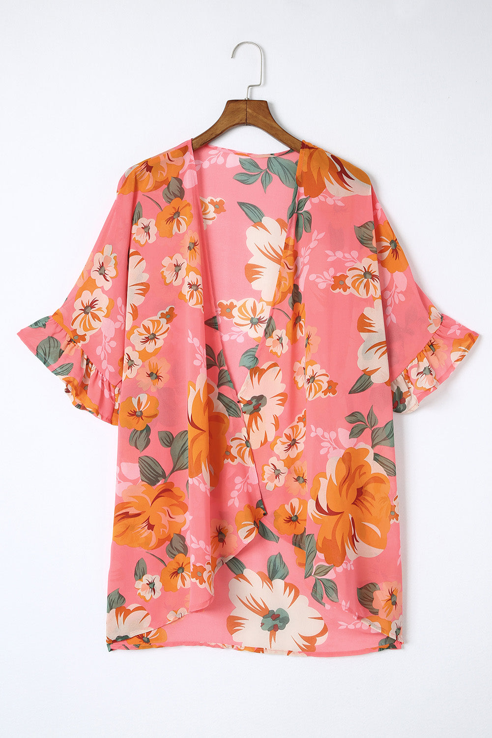 Floral Print Ruffled 3/4 Sleeve Loose Fit Kimono Fashionpara