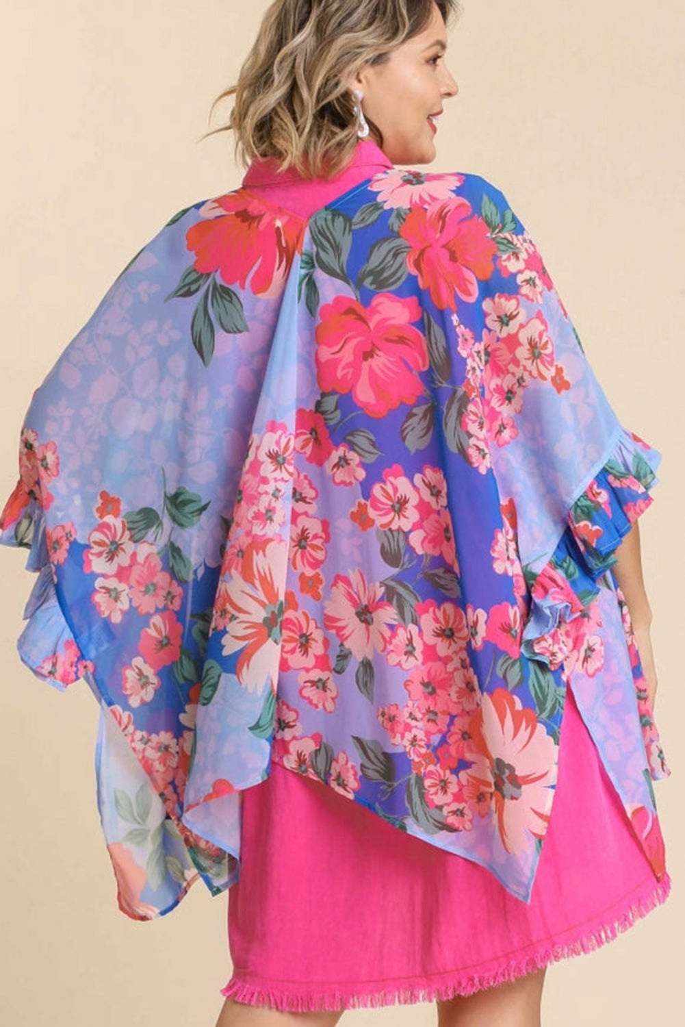 Floral Print Ruffled 3/4 Sleeve Loose Fit Kimono Fashionpara