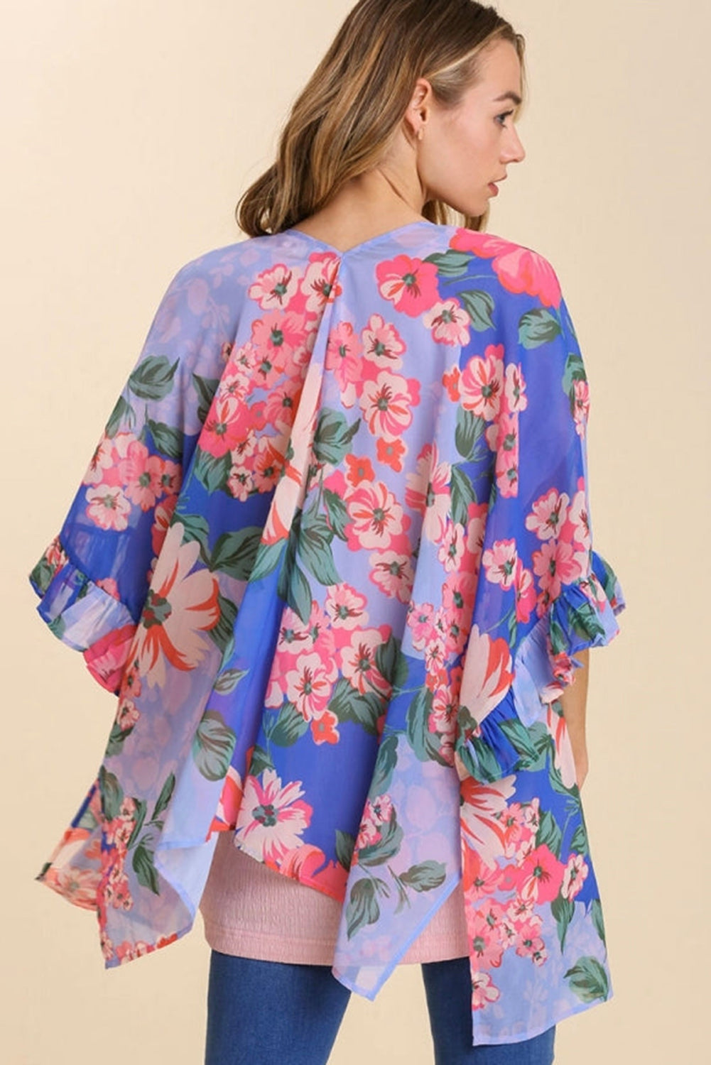 Floral Print Ruffled 3/4 Sleeve Loose Fit Kimono Fashionpara