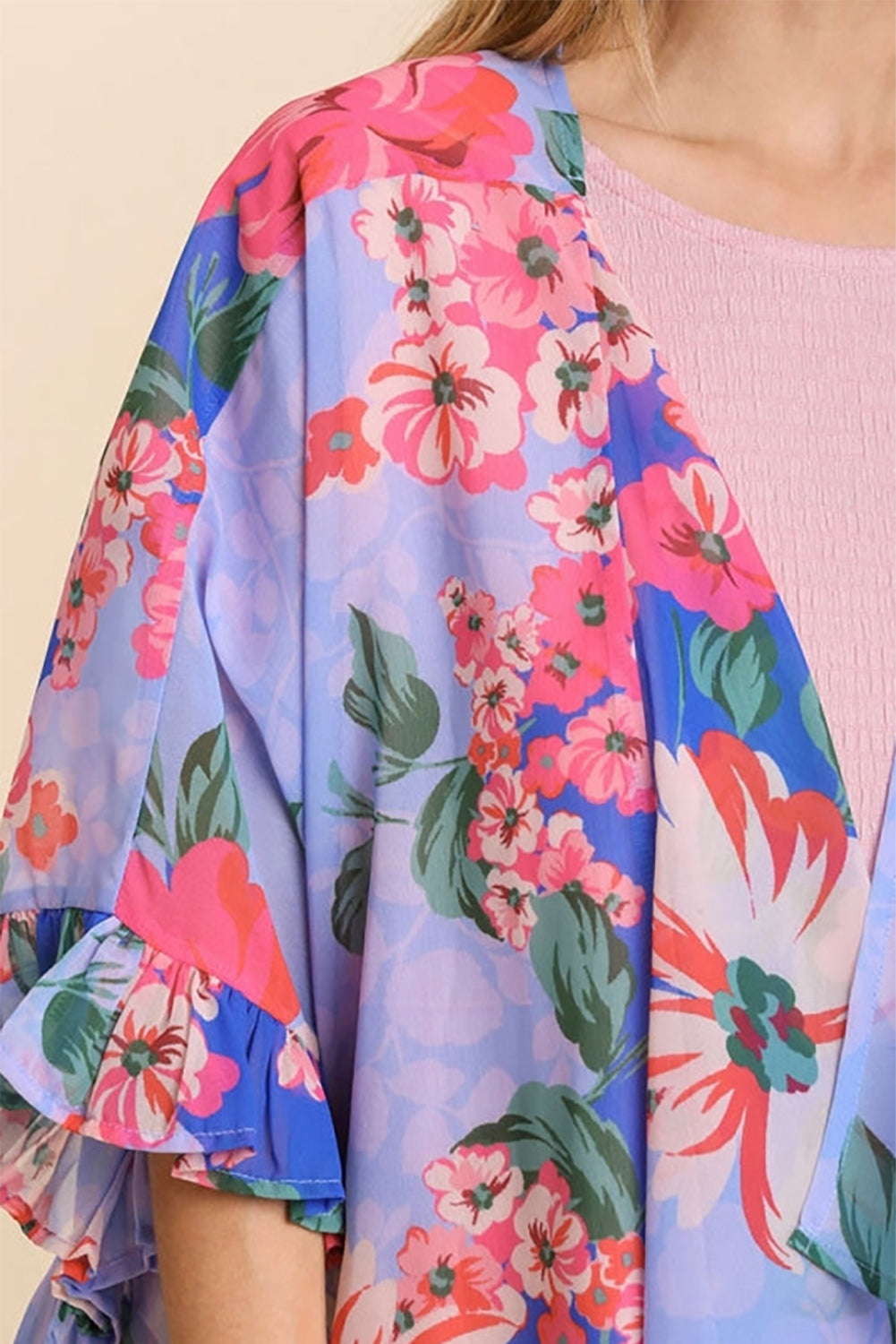 Floral Print Ruffled 3/4 Sleeve Loose Fit Kimono Fashionpara