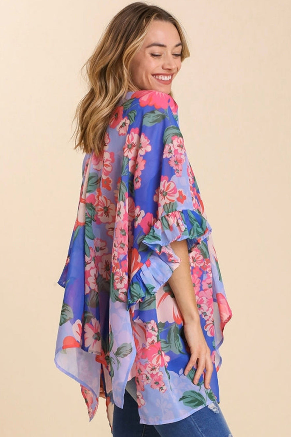 Floral Print Ruffled 3/4 Sleeve Loose Fit Kimono Fashionpara
