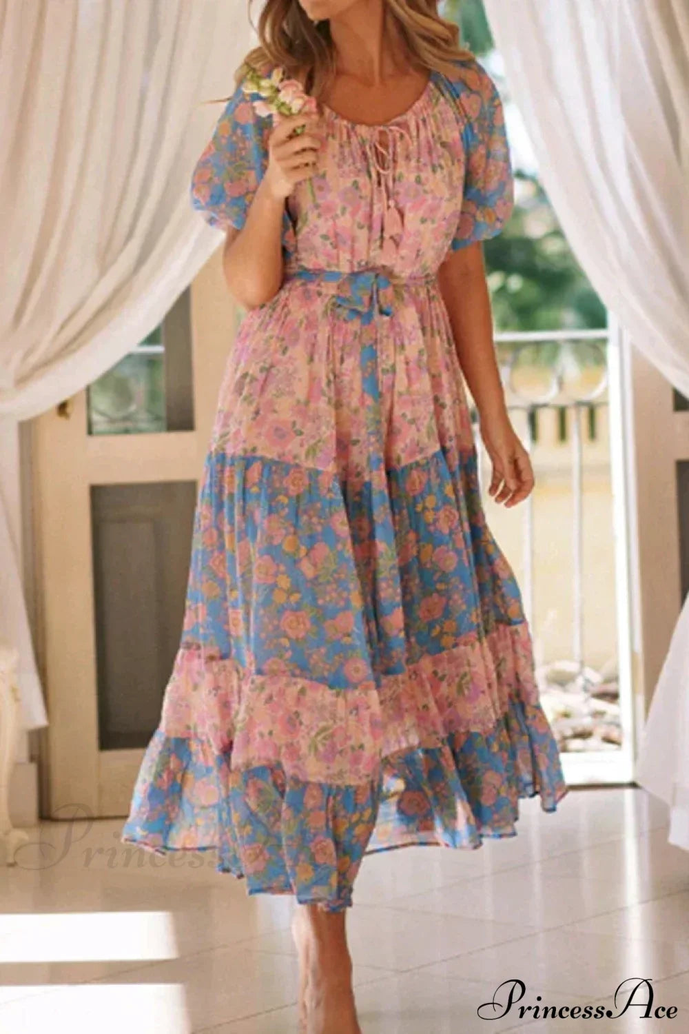 Floral Print Short Sleeve O-neck Sashes Tassel Boho Dress pink / S bohodress-250126