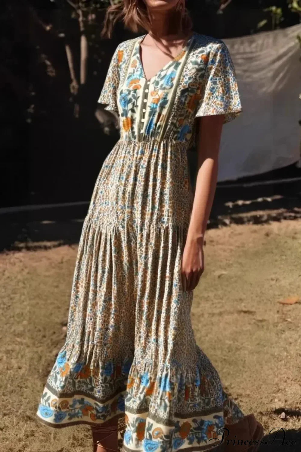 Floral Print Single Breasted V-neck Short Sleeve Summer Maxi Boho Dress Beige / S bohodress-250126