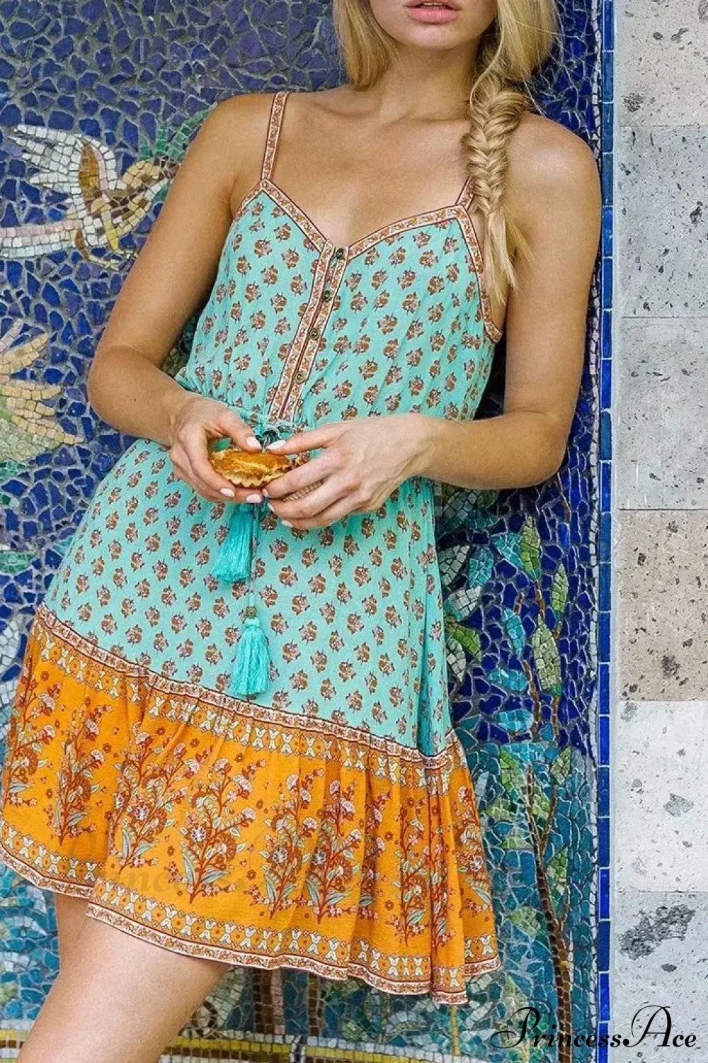 Floral Print Sleeveless Elastic Waist Strapless Rayon Boho Dress Green / S bohodress-250126