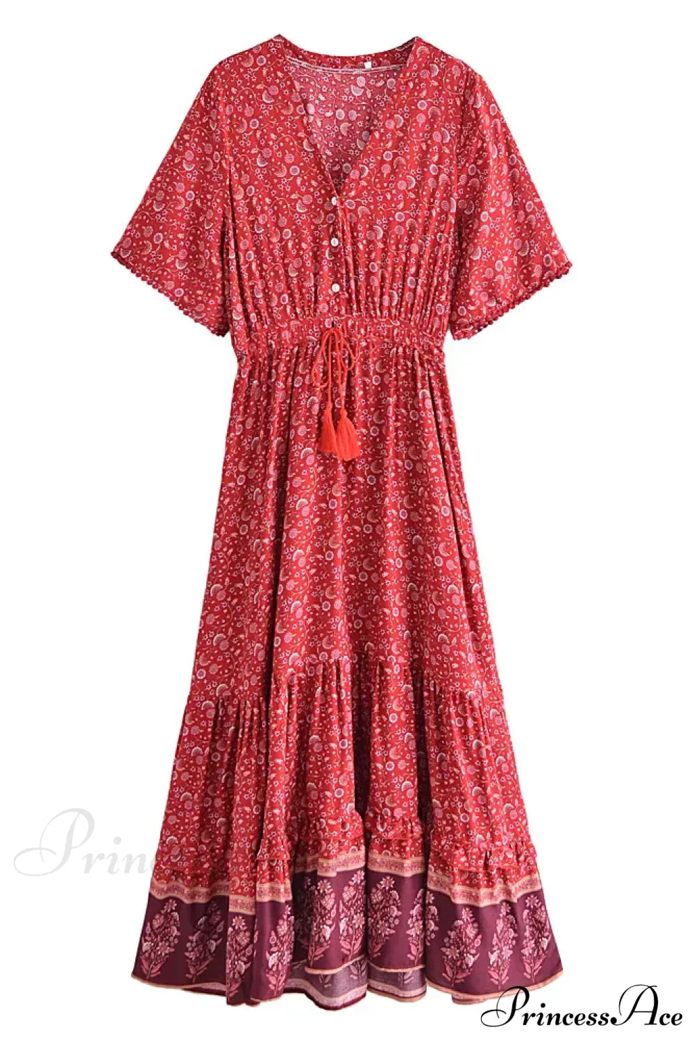 Floral Print Tassel V-neck Rayon Cotton Maxi Boho Dress