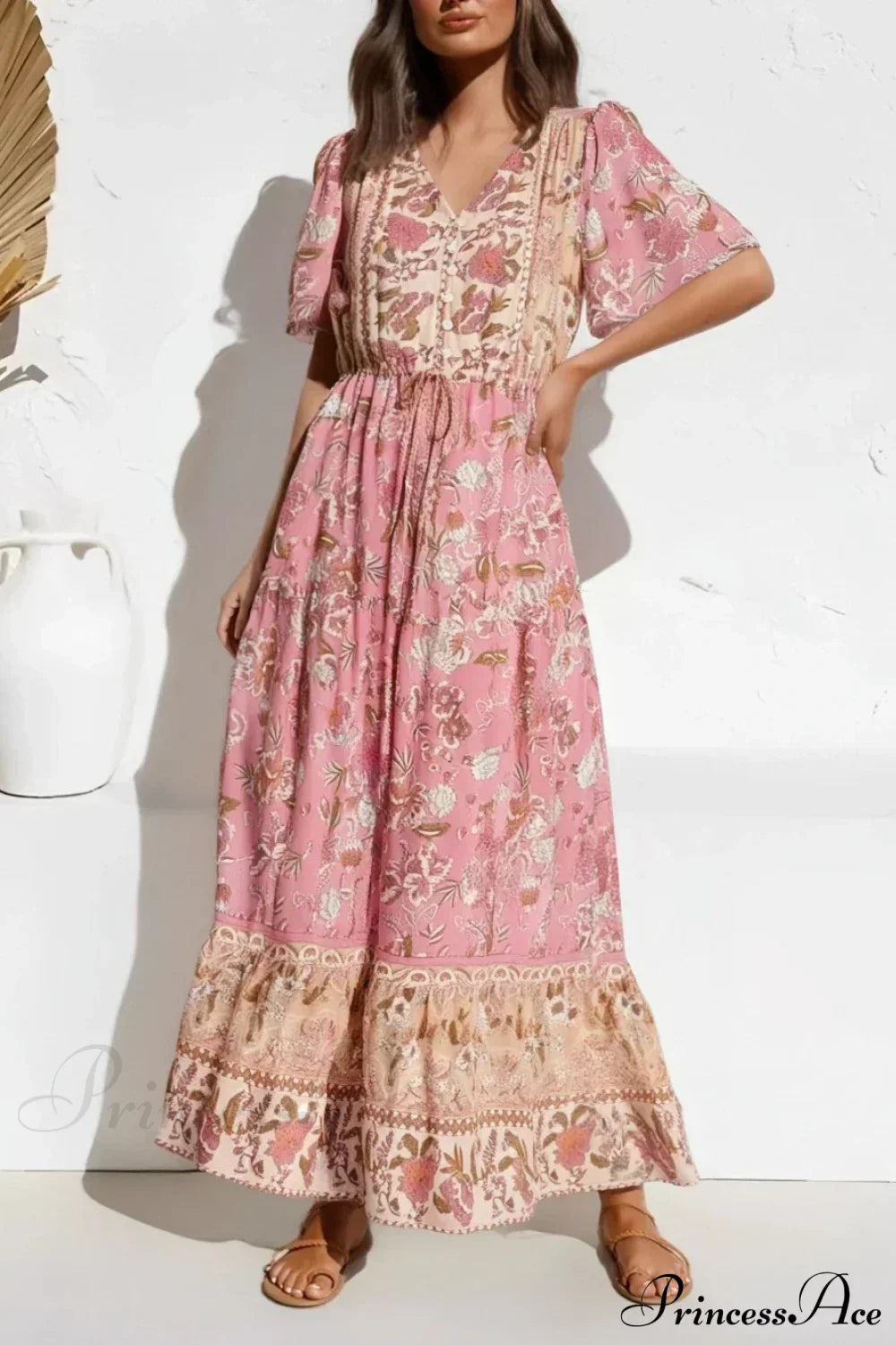 Floral Print Tie Neck Pleated Cotton Rayon Boho Dress red / S bohodress-250126