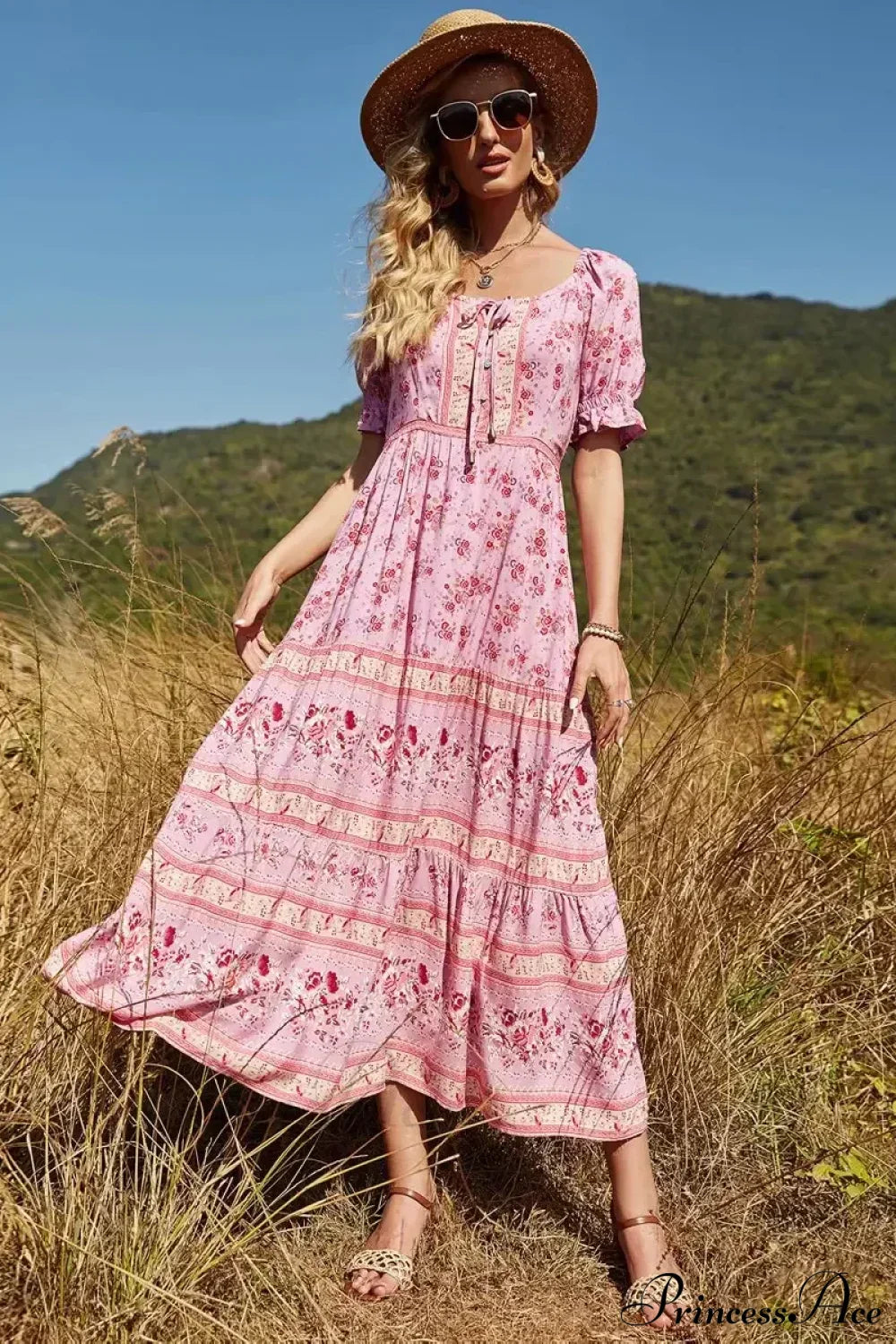 Floral Print V-neck Button Pleated Rayon Boho Dress