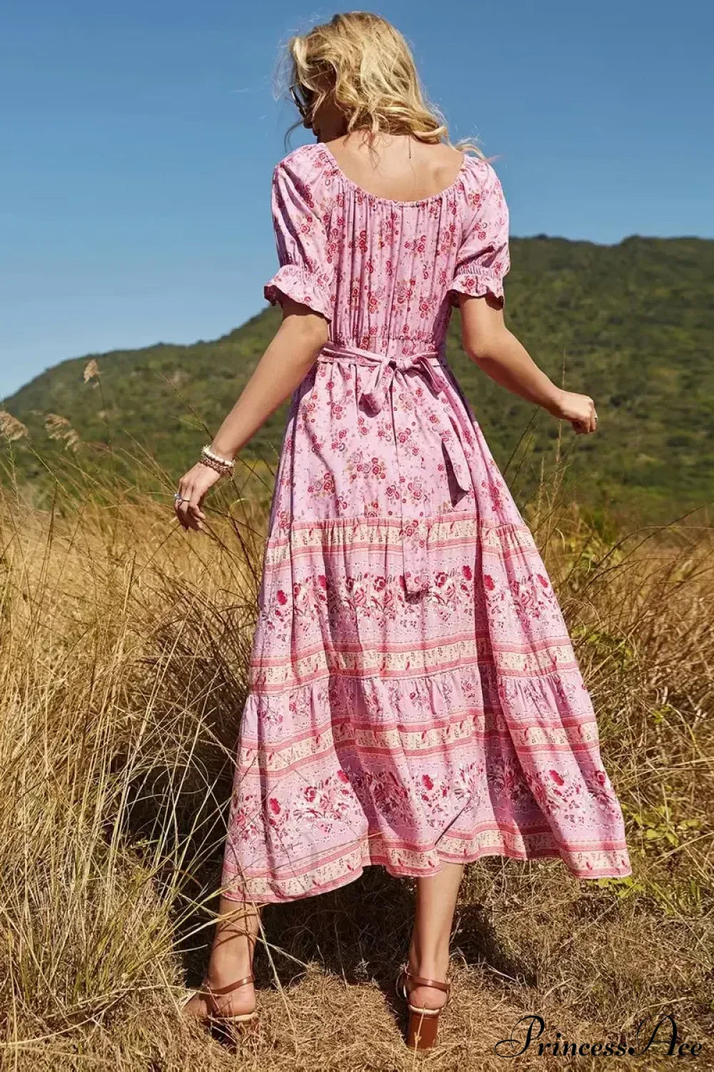 Floral Print V-neck Button Pleated Rayon Boho Dress