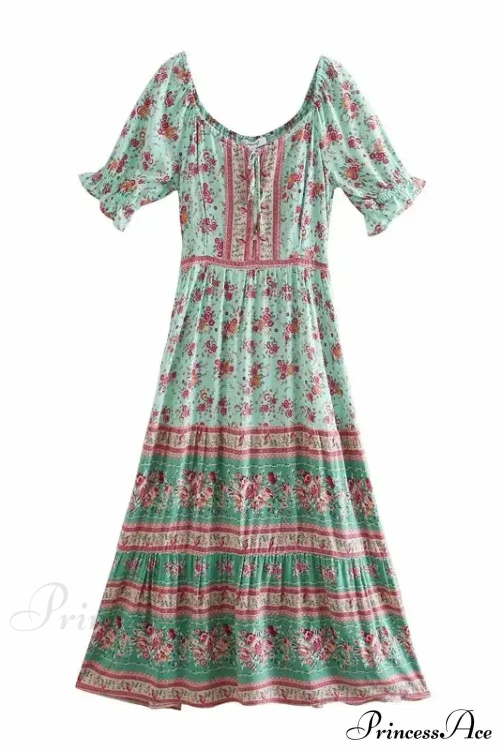 Floral Print V-neck Button Pleated Rayon Boho Dress GREEN / S bohodress-250126