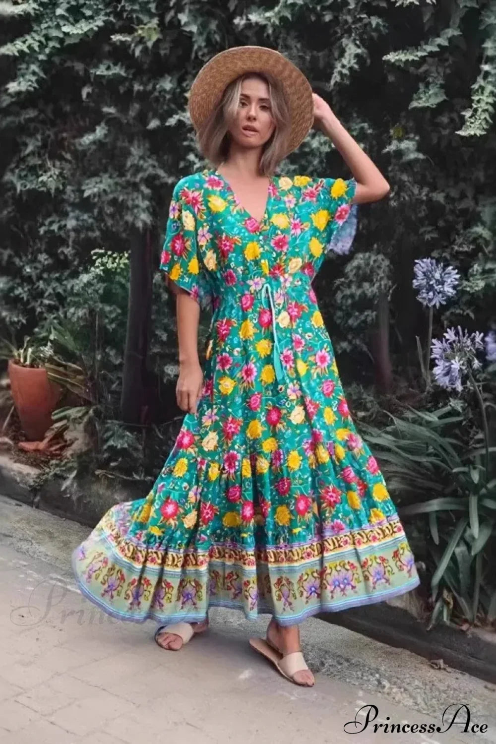 Floral Print V-neck Tassel Loose Beach Maxi Boho Dress Green / S bohodress-250126