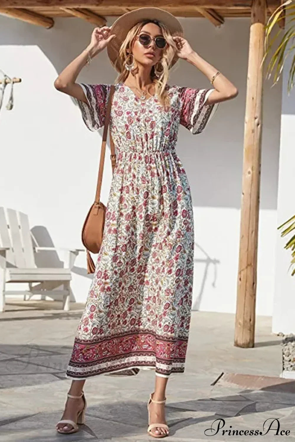 Floral Short Sleeve Beach Boho Dress Beige / S bohodress-250126