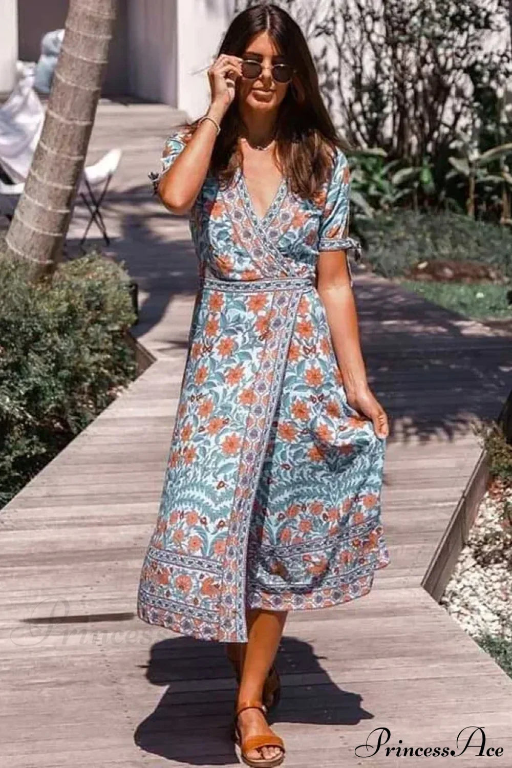 Floral Short Sleeve Sashes Boho Dress Blue / S bohodress-250126
