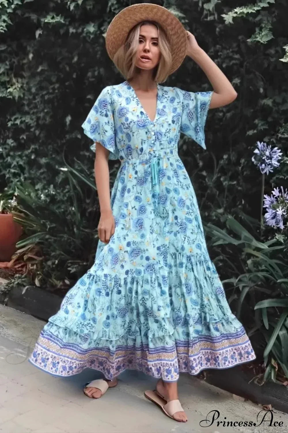 Floral V-neck Rayon Beach Boho Dress Green / S bohodress-250126