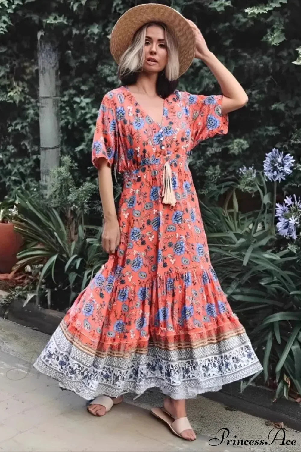 Floral V-neck Rayon Beach Boho Dress Pink / S bohodress-250126