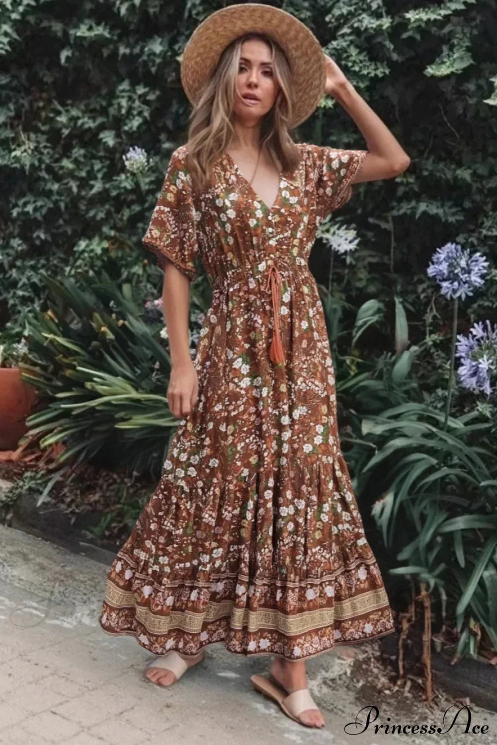 Floral V-neck Rayon Boho Dress Brown / S bohodress-250126
