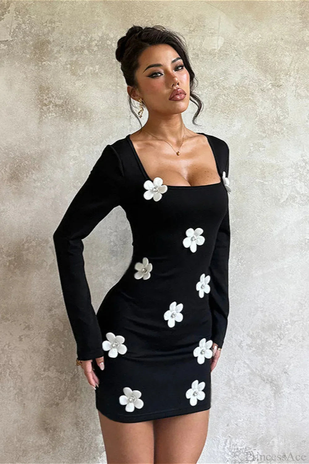 Floral Appliqué Square Neck Long Sleeve Bodycon Mini Dress 3