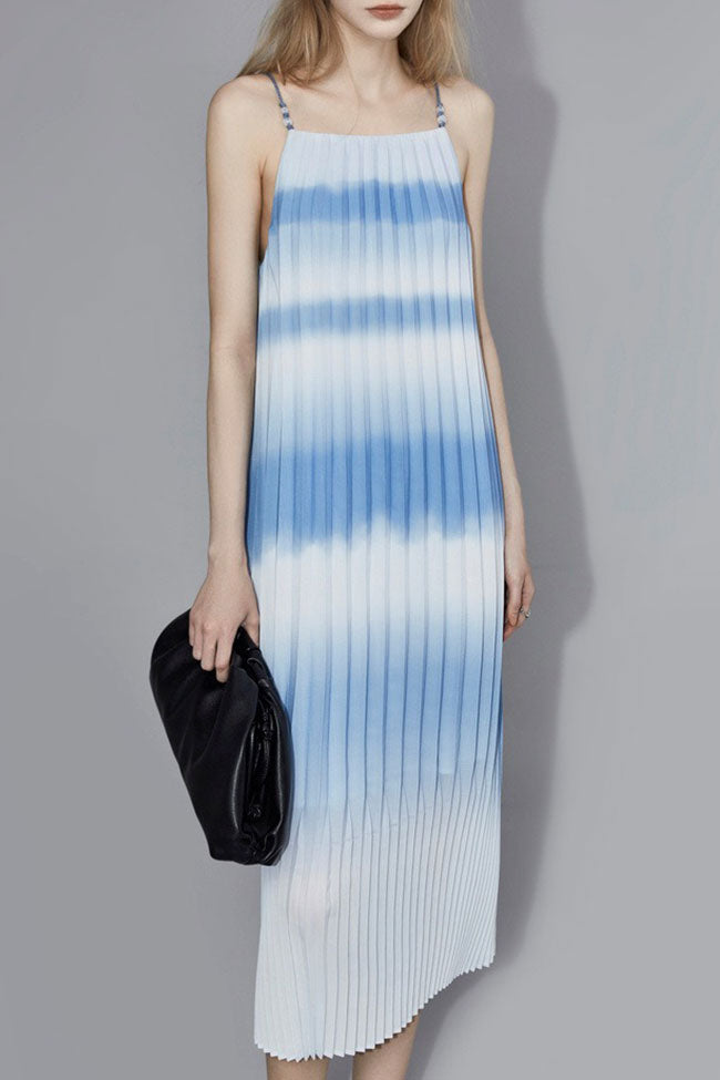 Flowing Gradient Striped A Line Sleeveless Pleated Slip Midi Dress - Sky Blue  Fashionpara