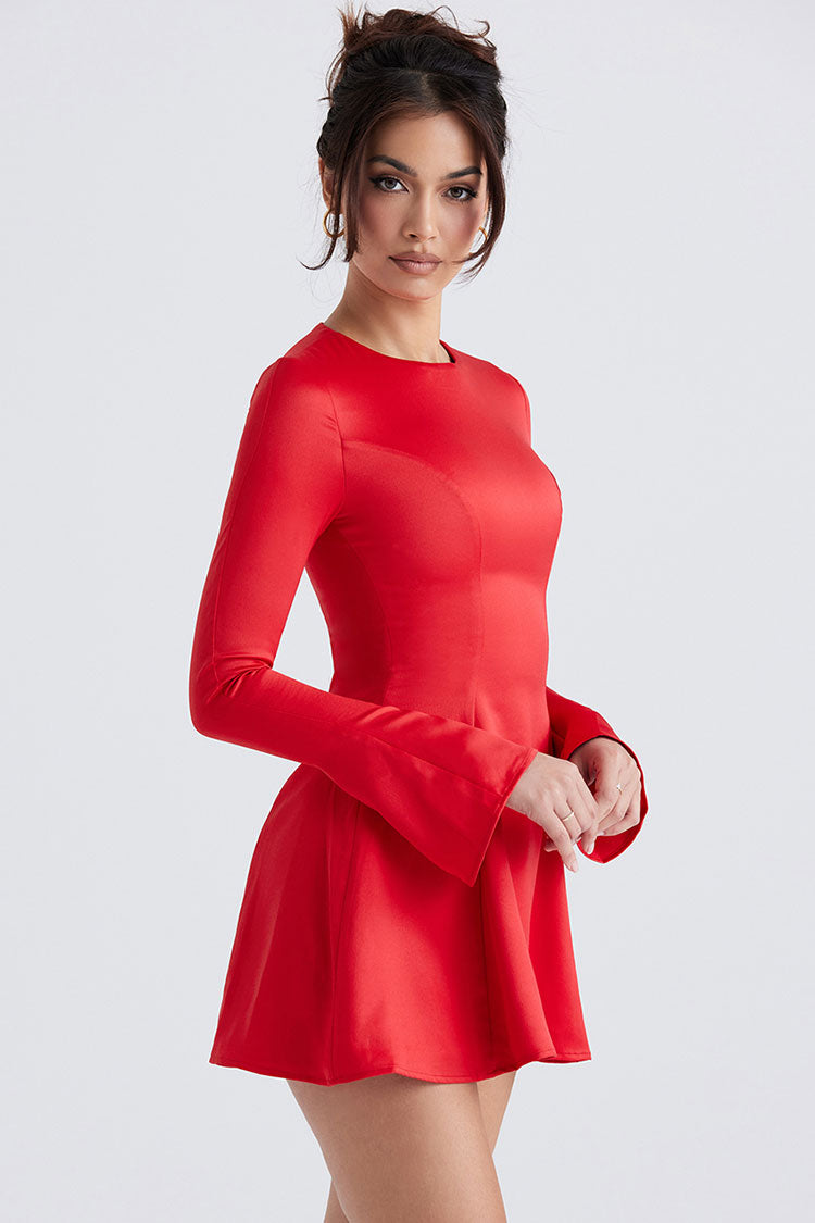 Satin Boat Neck Bell Sleeve Fit and Flare Mini Dress - View 4