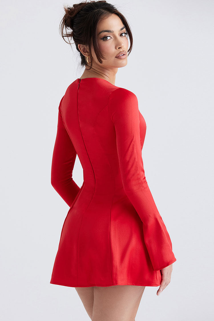 Satin Boat Neck Bell Sleeve Fit and Flare Mini Dress - View 5