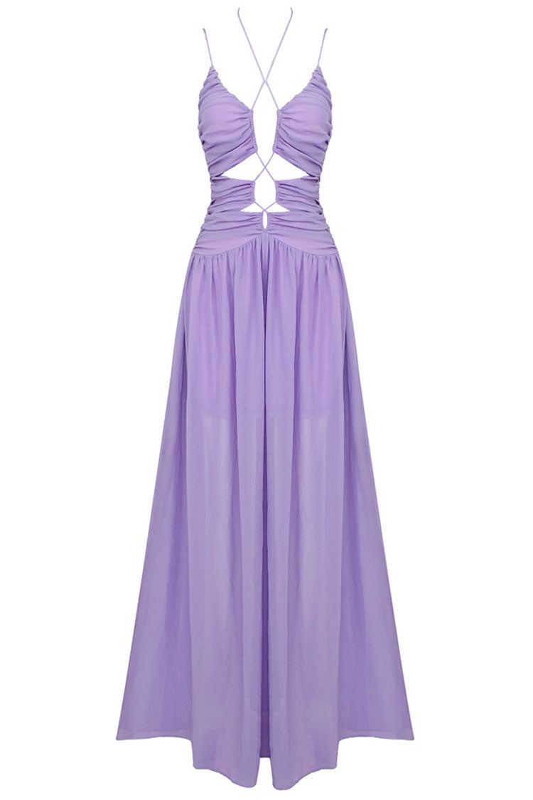 Flowy Deep V Cutout Ruched Sleeveless Chiffon Evening Maxi Dress - Purple  Fashionpara