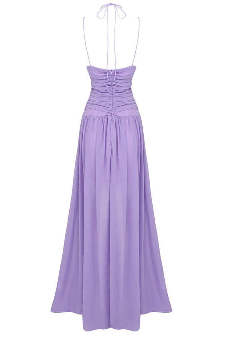 Flowy Deep V Cutout Ruched Sleeveless Chiffon Evening Maxi Dress - Purple  Fashionpara
