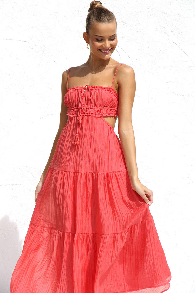 Flowy Frilled Tie Neck Cutout Ruched Flared Summer Midi Sundress - Watermelon  Fashionpara