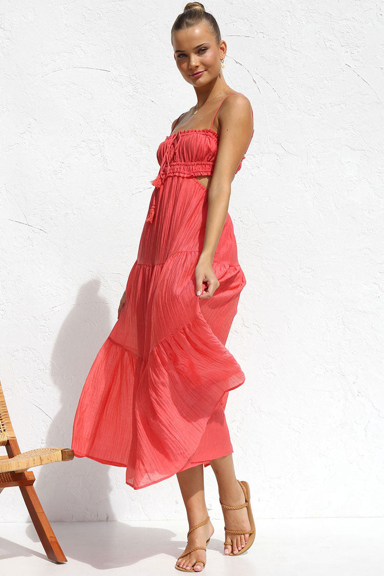 Flowy Frilled Tie Neck Cutout Ruched Flared Summer Midi Sundress - Watermelon  Fashionpara