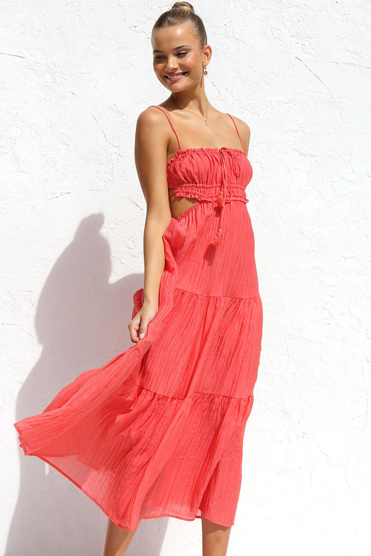 Flowy Frilled Tie Neck Cutout Ruched Flared Summer Midi Sundress - Watermelon  Fashionpara