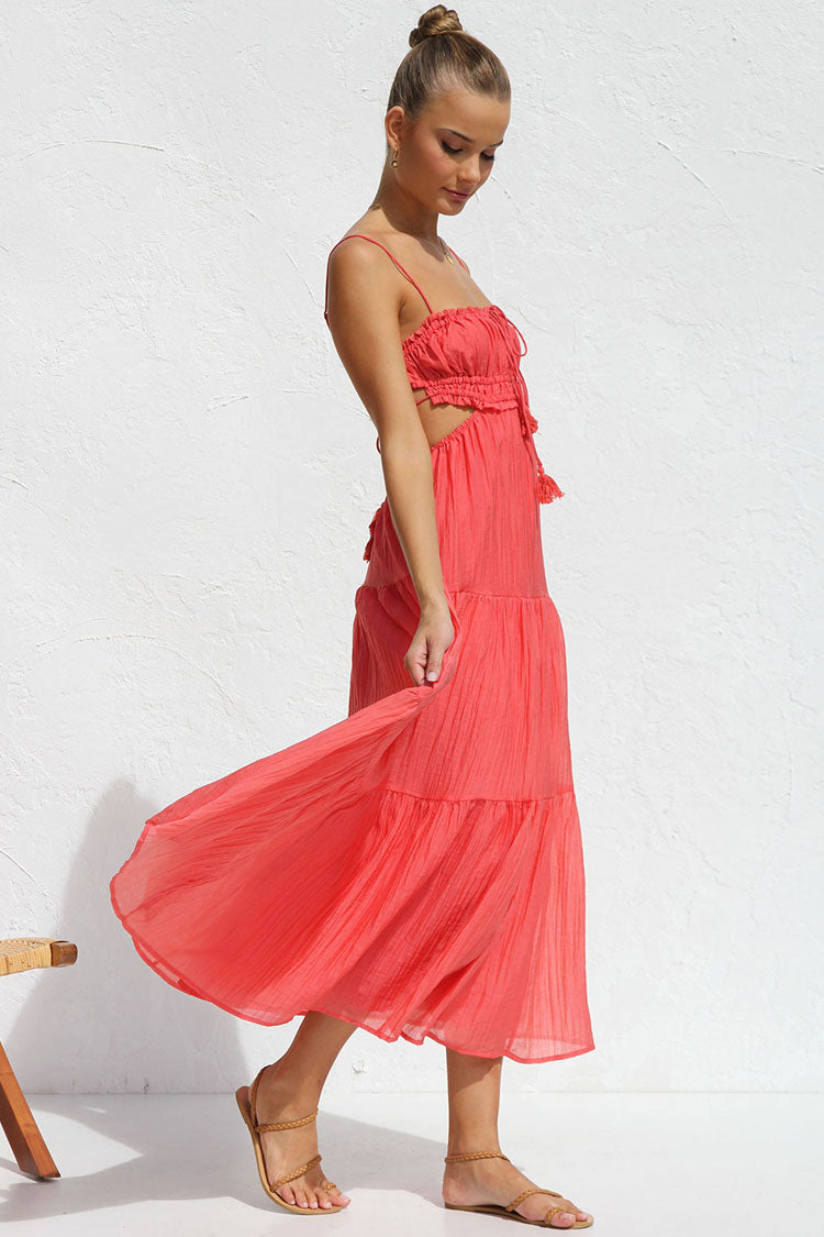 Flowy Frilled Tie Neck Cutout Ruched Flared Summer Midi Sundress - Watermelon  Fashionpara