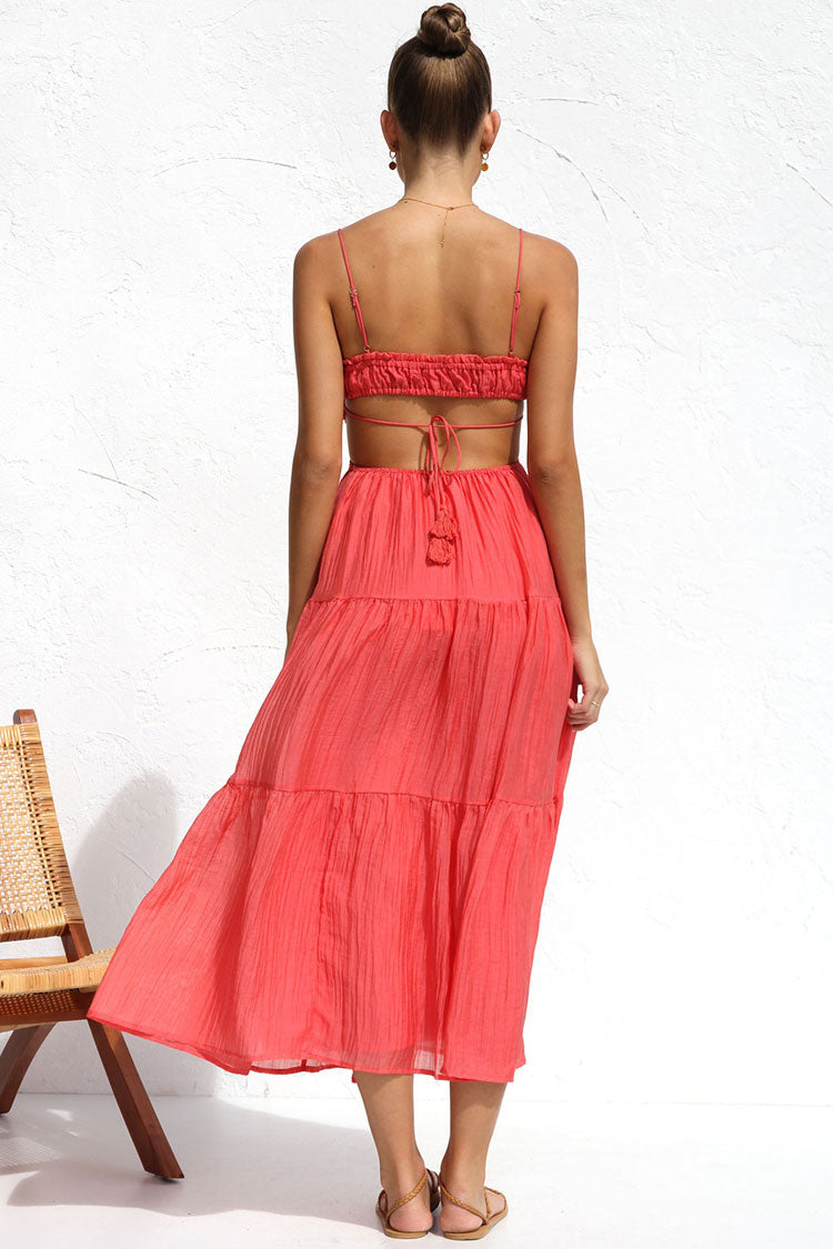 Flowy Frilled Tie Neck Cutout Ruched Flared Summer Midi Sundress - Watermelon  Fashionpara