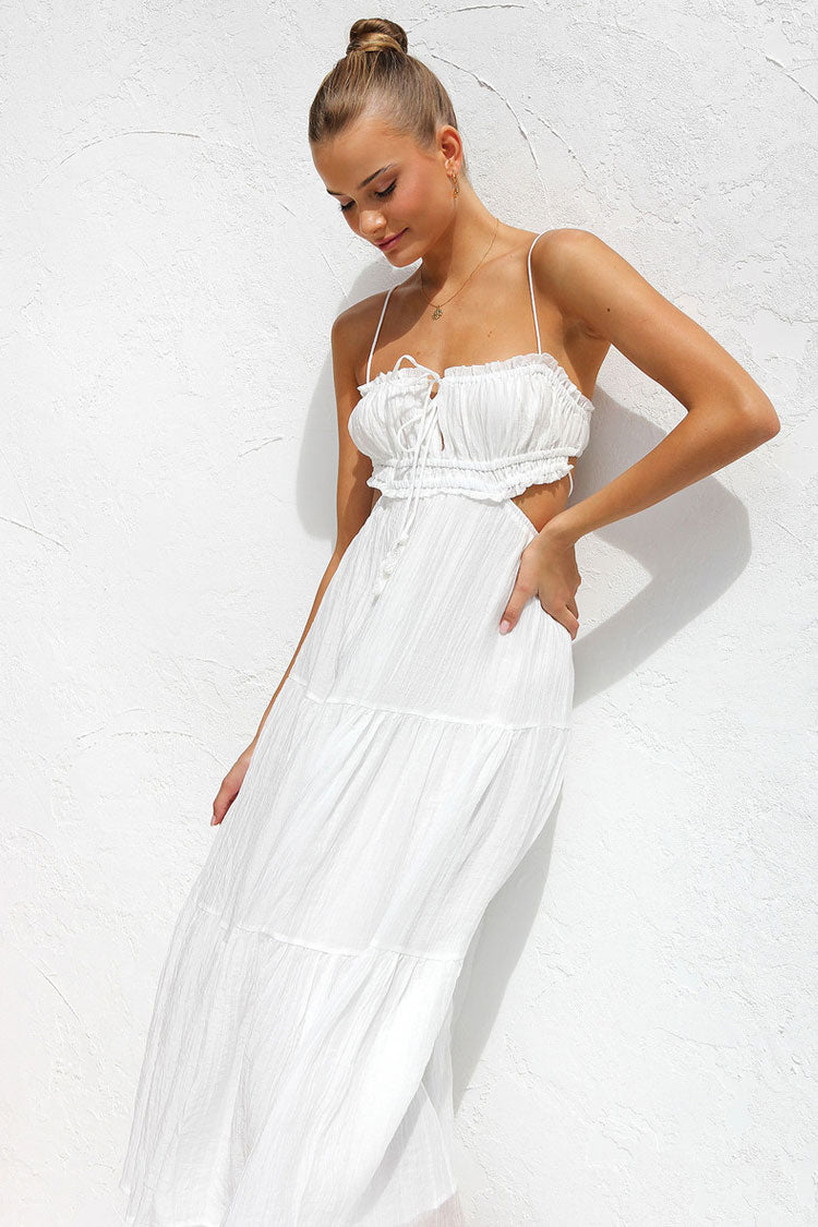 Flowy Frilled Tie Neck Cutout Ruched Flared Summer Midi Sundress - White  Fashionpara
