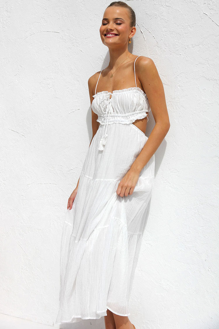 Flowy Frilled Tie Neck Cutout Ruched Flared Summer Midi Sundress - White  Fashionpara