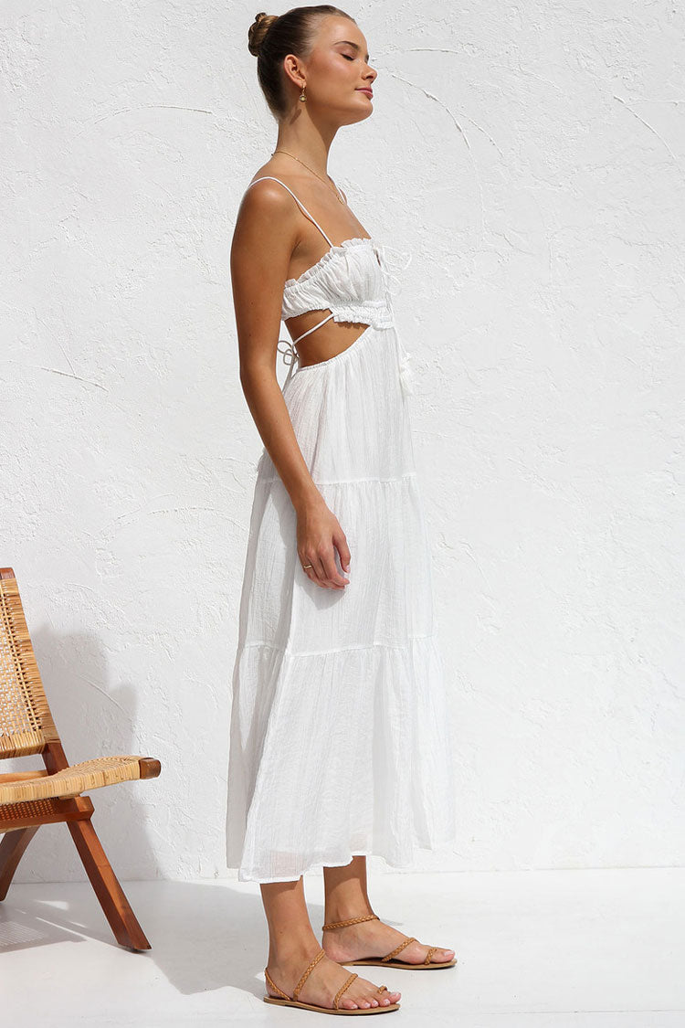 Flowy Frilled Tie Neck Cutout Ruched Flared Summer Midi Sundress - White  Fashionpara