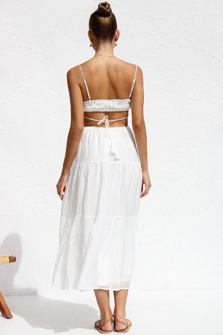 Flowy Frilled Tie Neck Cutout Ruched Flared Summer Midi Sundress - White  Fashionpara