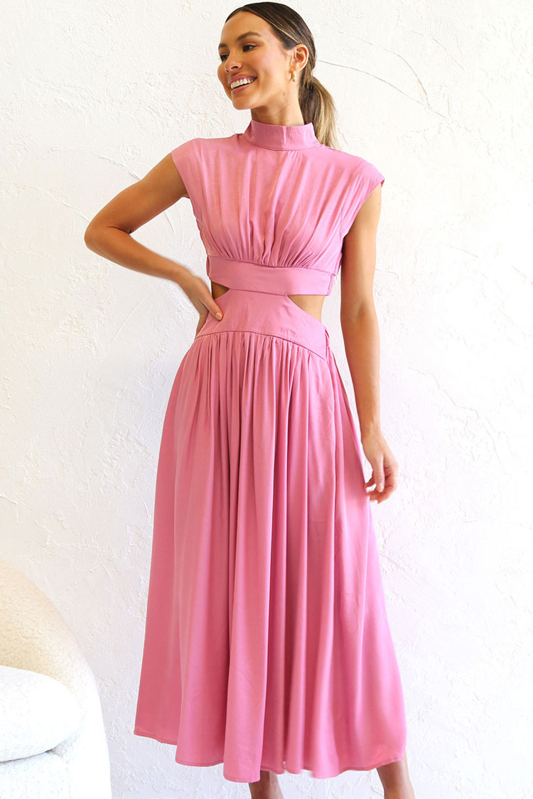 Flowy High Neck Ruched Trim Cutout Waist Summer Midi Sundress - Pink  Fashionpara