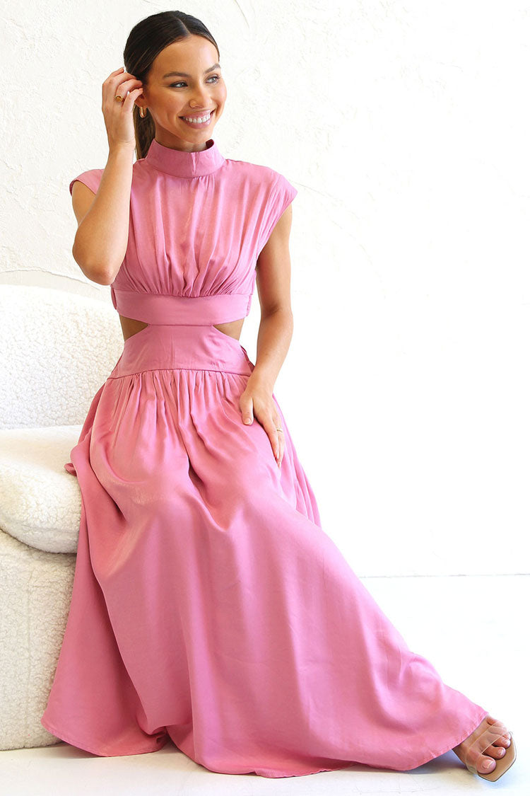 Flowy High Neck Ruched Trim Cutout Waist Summer Midi Sundress - Pink  Fashionpara