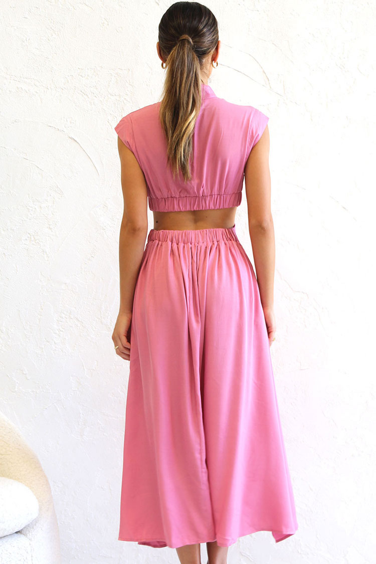 Flowy High Neck Ruched Trim Cutout Waist Summer Midi Sundress - Pink  Fashionpara