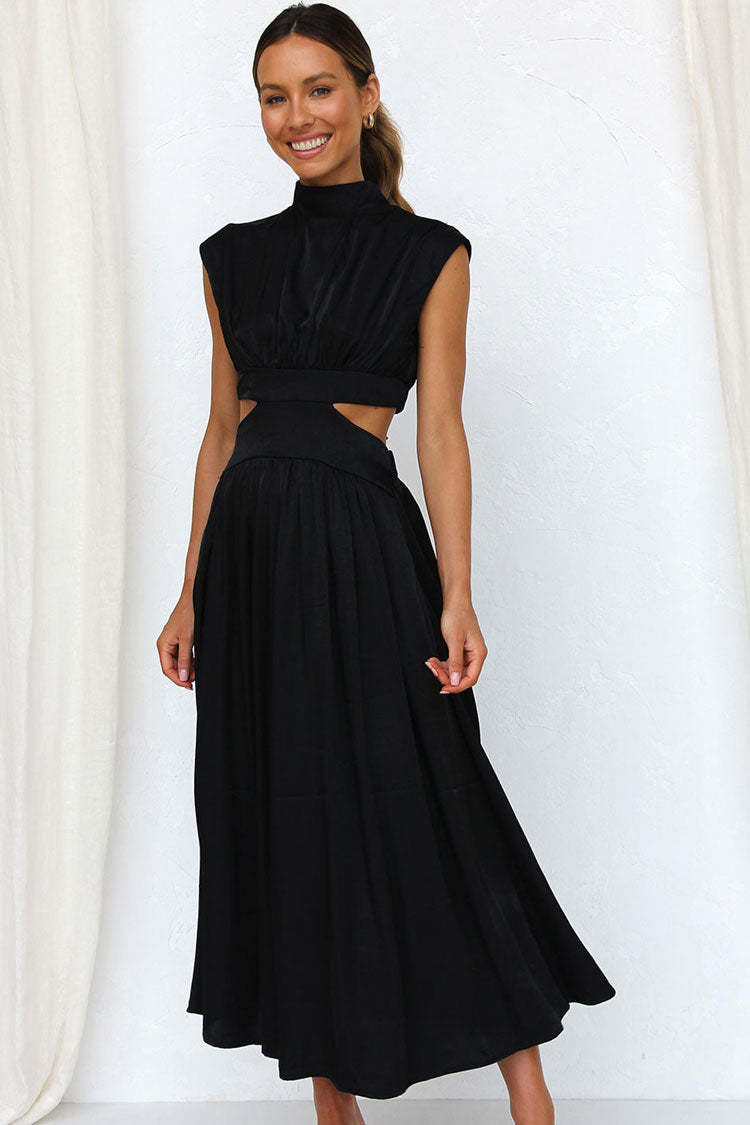 Flowy High Neck Ruched Trim Cutout Waist Summer Midi Sundress - Black  Fashionpara