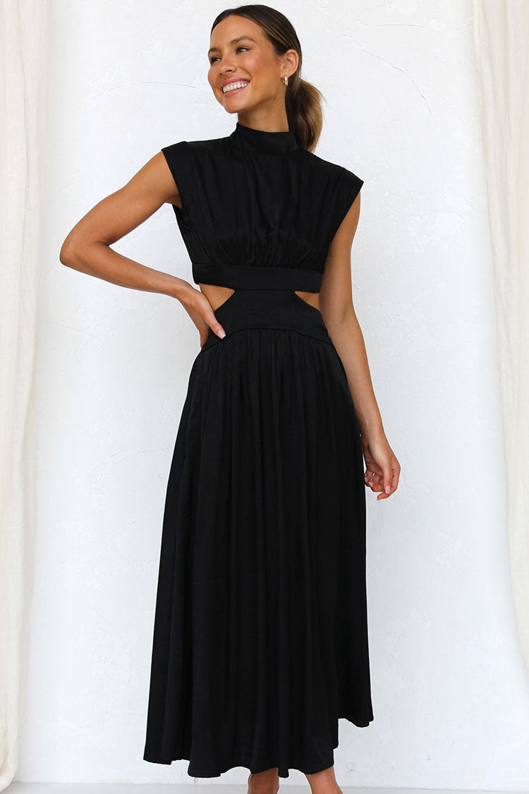 Flowy High Neck Ruched Trim Cutout Waist Summer Midi Sundress - Black  Fashionpara