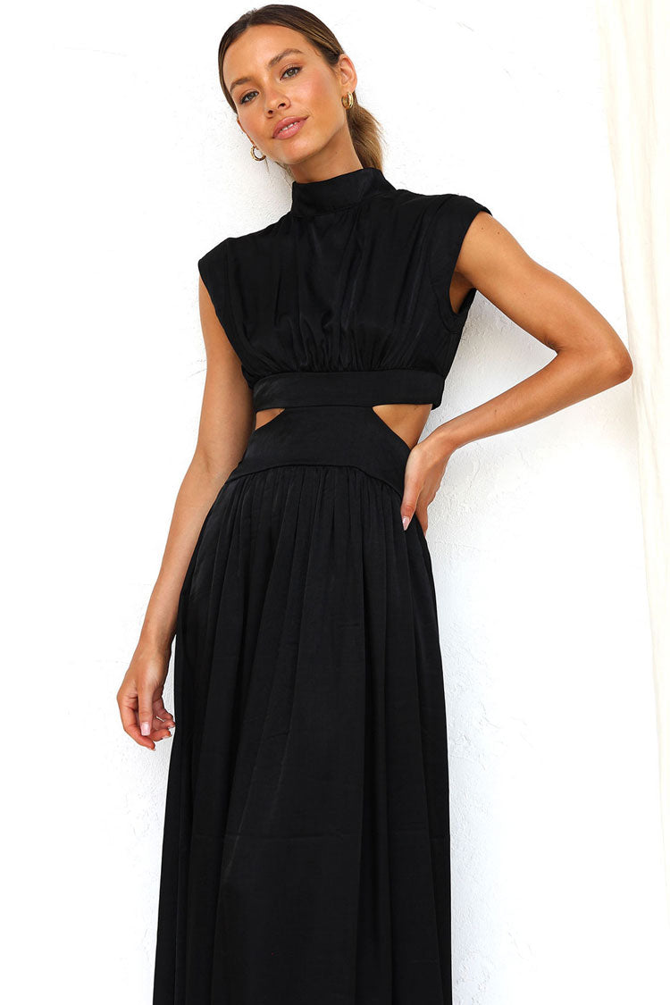 Flowy High Neck Ruched Trim Cutout Waist Summer Midi Sundress - Black  Fashionpara