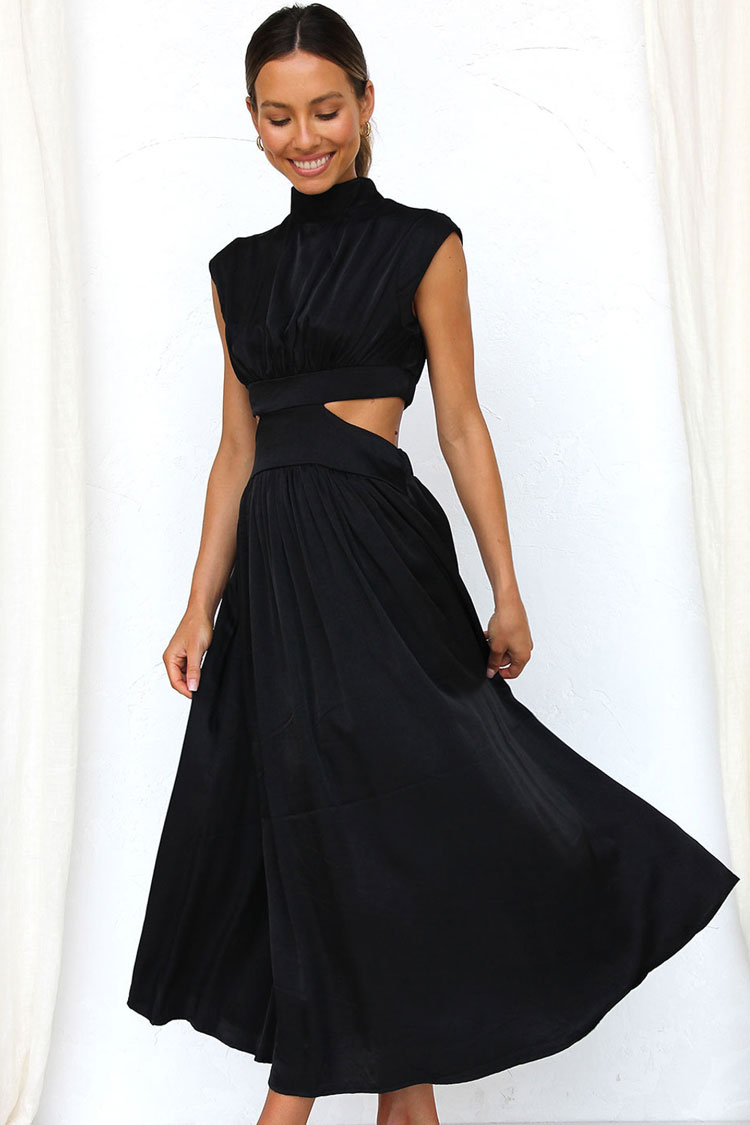 Flowy High Neck Ruched Trim Cutout Waist Summer Midi Sundress - Black  Fashionpara