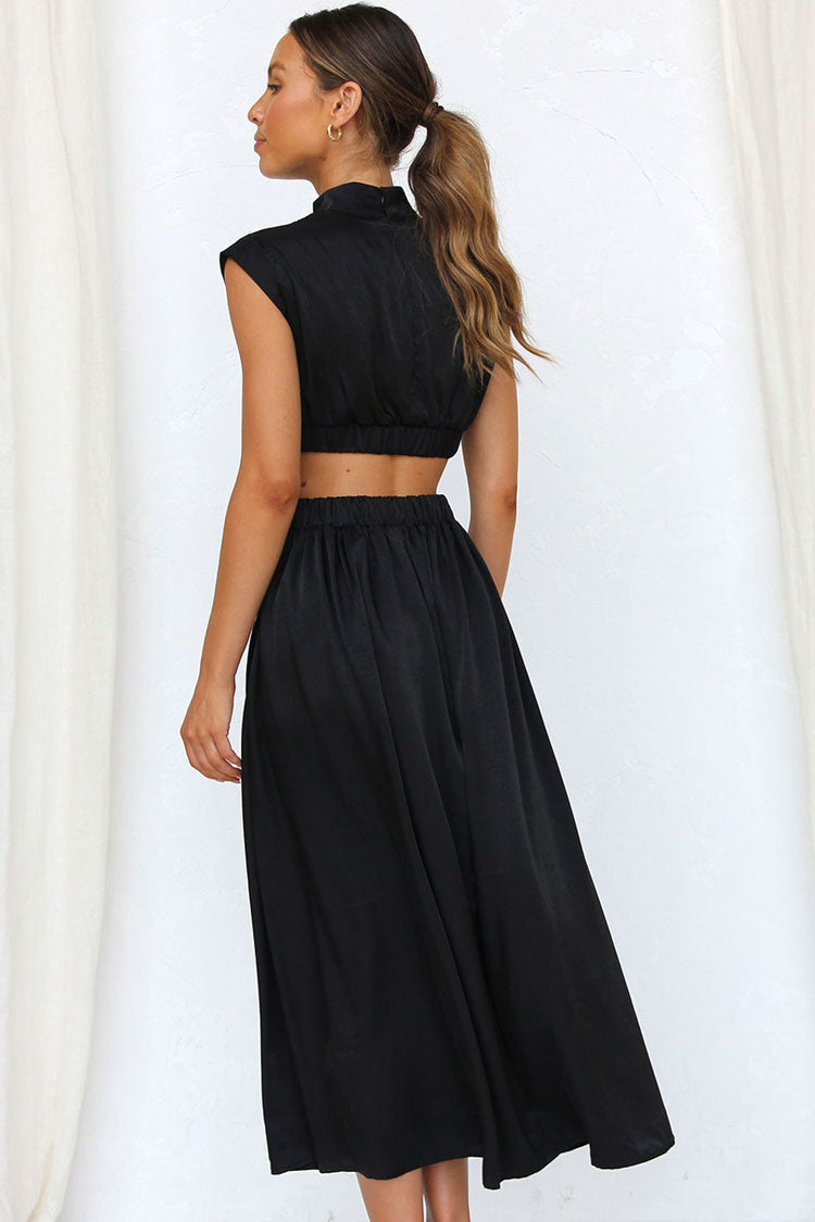 Flowy High Neck Ruched Trim Cutout Waist Summer Midi Sundress - Black  Fashionpara