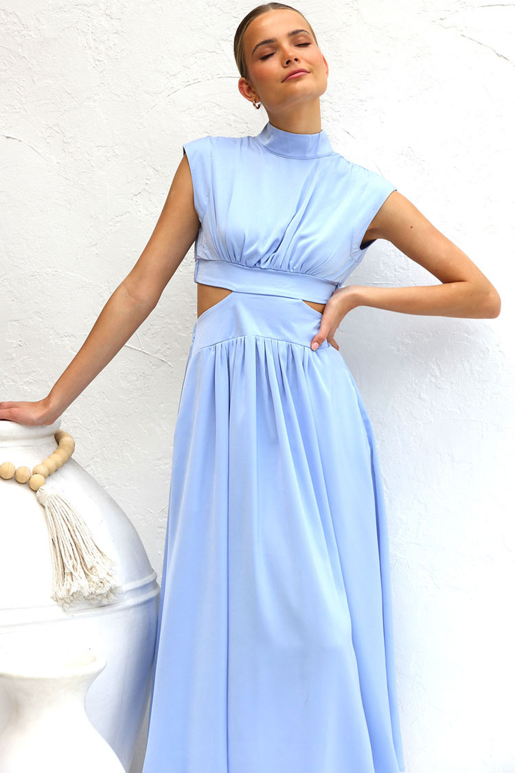 Flowy High Neck Ruched Trim Cutout Waist Summer Midi Sundress - Light Blue  Fashionpara