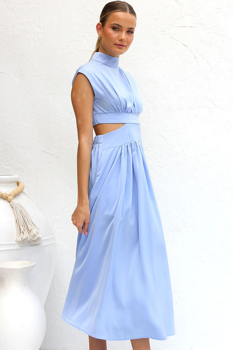 Flowy High Neck Ruched Trim Cutout Waist Summer Midi Sundress - Light Blue  Fashionpara