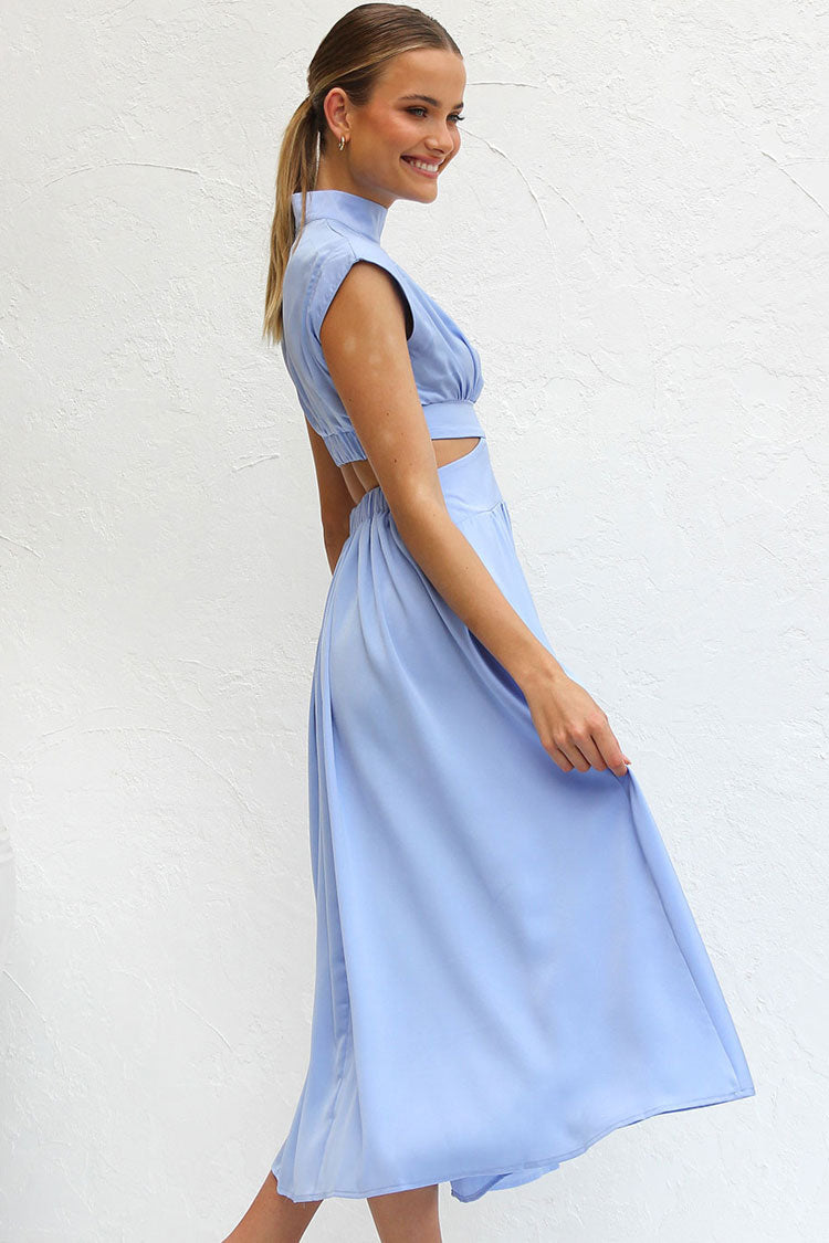 Flowy High Neck Ruched Trim Cutout Waist Summer Midi Sundress - Light Blue  Fashionpara